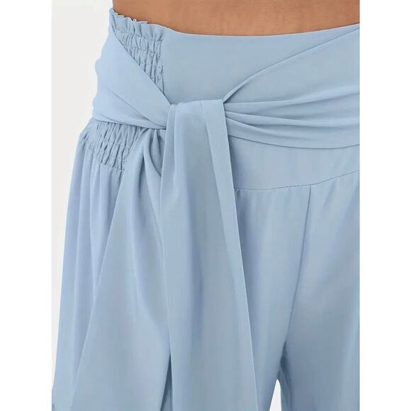 NWT Gorgeous Sz. L High Waisted Blue Tie Front/Back Wide Leg Flowy Tiered Pants - Picture 7 of 12